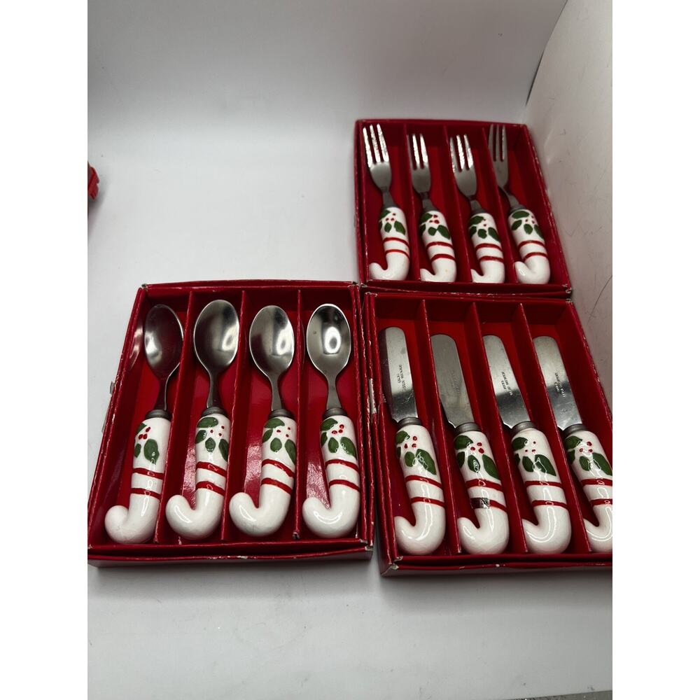 Vintage Holiday Appetizer Spoon, Fork And Spreader Ceramic Handle